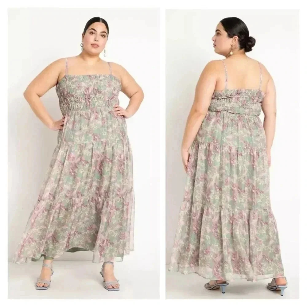 Eloquii pastel green & lavender floral NWT smocked sleeveles maxi dress sz 14